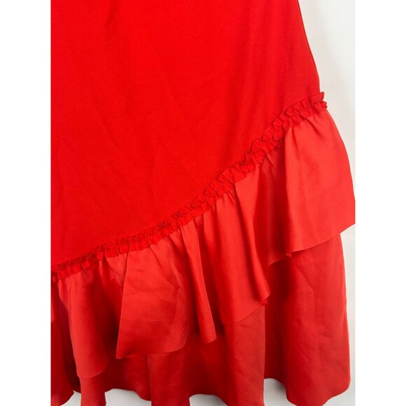 REISS Cecilia Frill-Detail Asymmetric Hem Dress Red 4 Cap Sleeves & Back Zipper - Picture 10 of 16